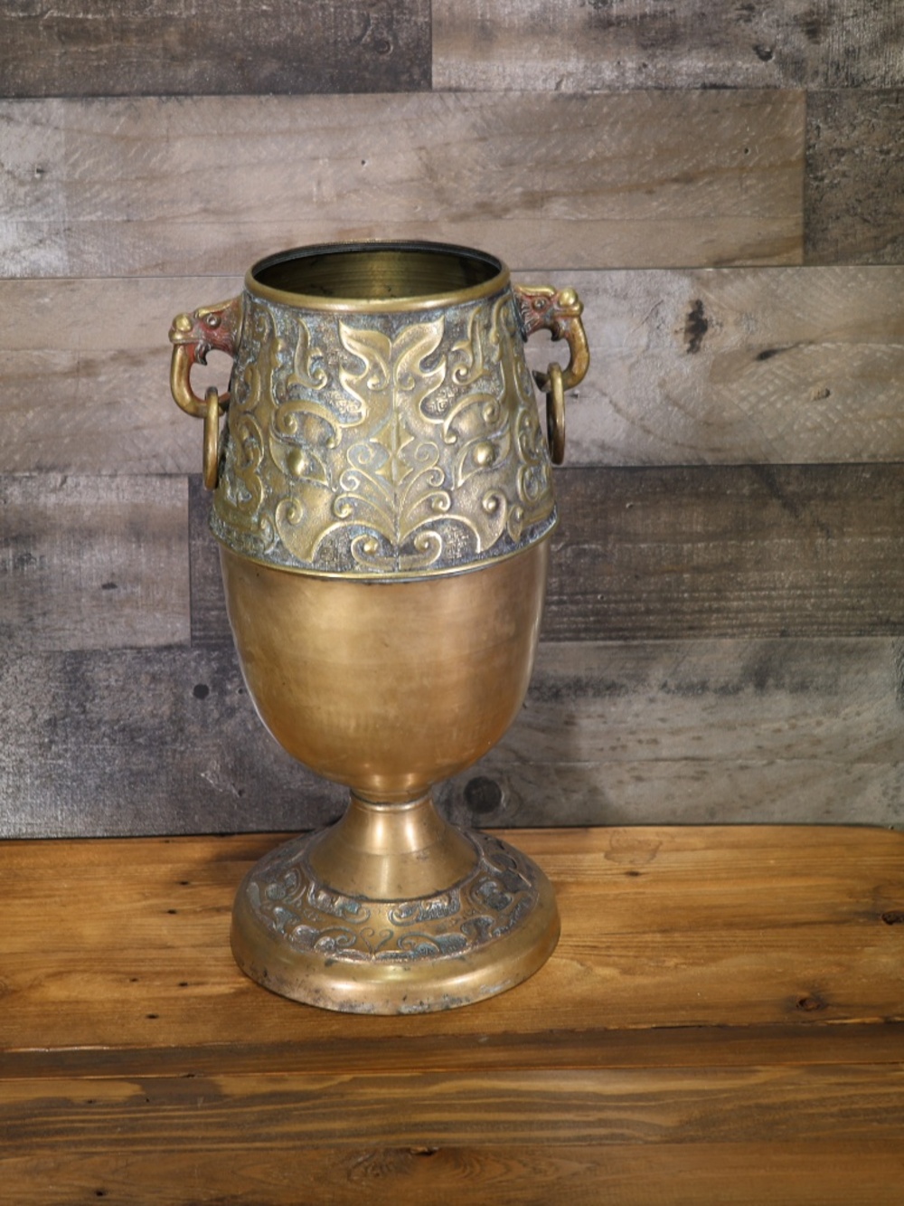 Vintage Engraved brass vase Heavy 14" Tall